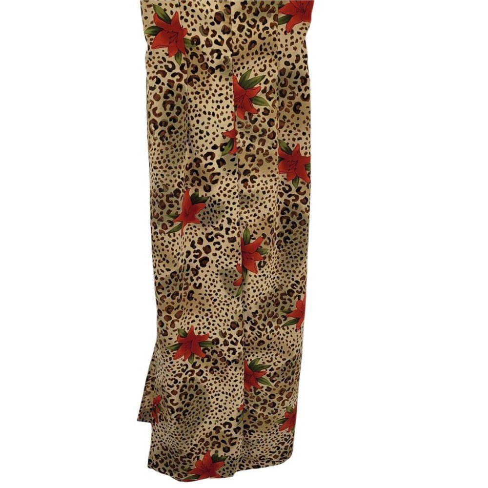 Vintage Tan Leopard Red Lily Print Sleeveless Mock Side Tie Hostess Dress Sz M - Picture 9 of 14